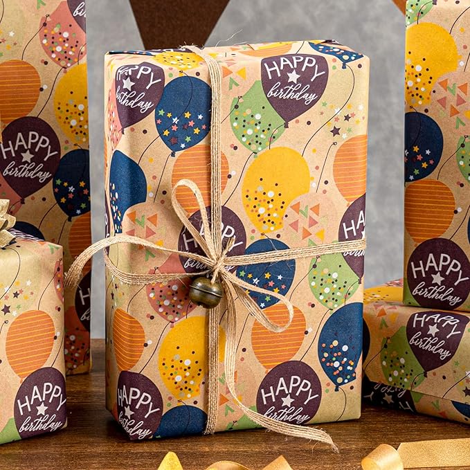MAYPLUSS Birthday Wrapping Paper Roll, Colorful Ballon Kraft Happy Birthday Gift Wrap for Boys Girls Men Women 17 IN x 16.4 FT