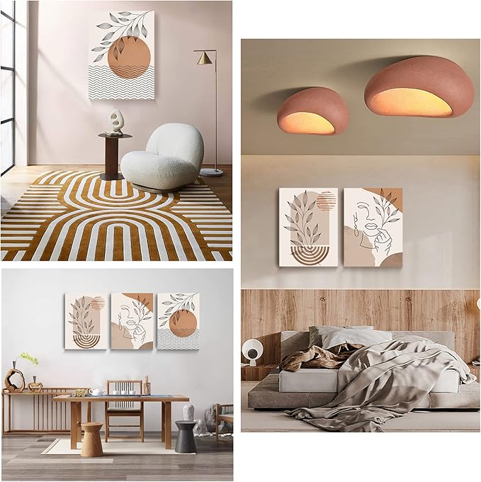 SERIMINO Boho Framed Wall Art Set of 3, Minimalist Wall Decor Living Room, Geometric Line Leaf Sun Moon Canvas Artwork Paintings for Bathroom, Home Decor Print, 20"X28"