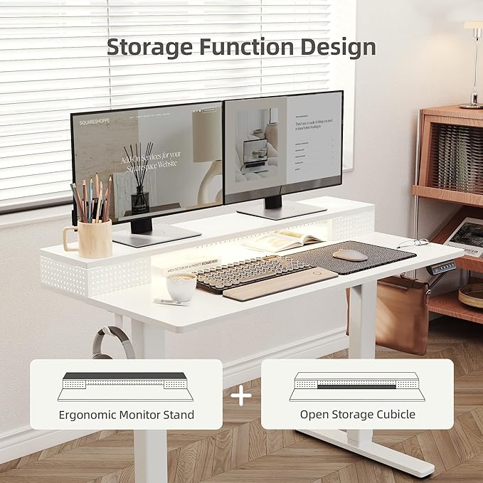 Claiks Electric Standing Desk with Shelf, 48 Inch Height Adjustable Standing Desk with LED Lights & Monitor Stand, White Frame/White Top