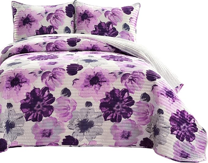 Lush Decor Leah Reversible Floral Quilt Set, 3 Piece Set, Full/ Queen, Gray & Purple - Watercolor Botanical - Cottage Core - French Country Decor- Bedding Queen Size