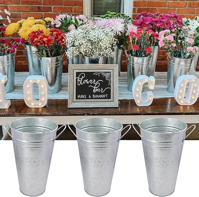 3 Packs 12 Inch Tall Galvanized Metal Flower Vases with Handles, Metal Flower Buckets for Cut Flowers, Country Wedding, Table Centerpiece Decorations(Sliver)