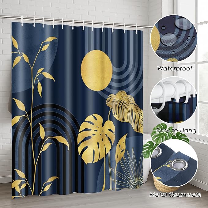 Boho Blue Shower Curtain Set with Toilet Lid Cover and Non-Slip Rugs, Abstract Gold Modern Tropical 4 Pcs Modern Minimalist Vintage Shower Curtain for Bathroom Set with 12 Hooks