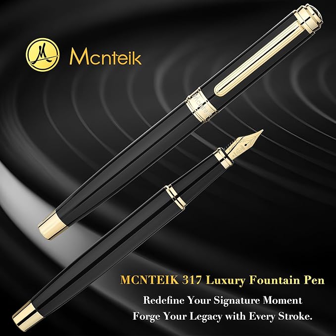 MCNTEIK 317 Fountain Pen,Stunning Luxury Piano Lacquer,18K Gilded Nib(Medium),Gorgeous 24K Gold Finish, Ink Converter,Trustworthy Gift for Men&Women-Elegant,Executive,Nice Pens for Writing, BK-M