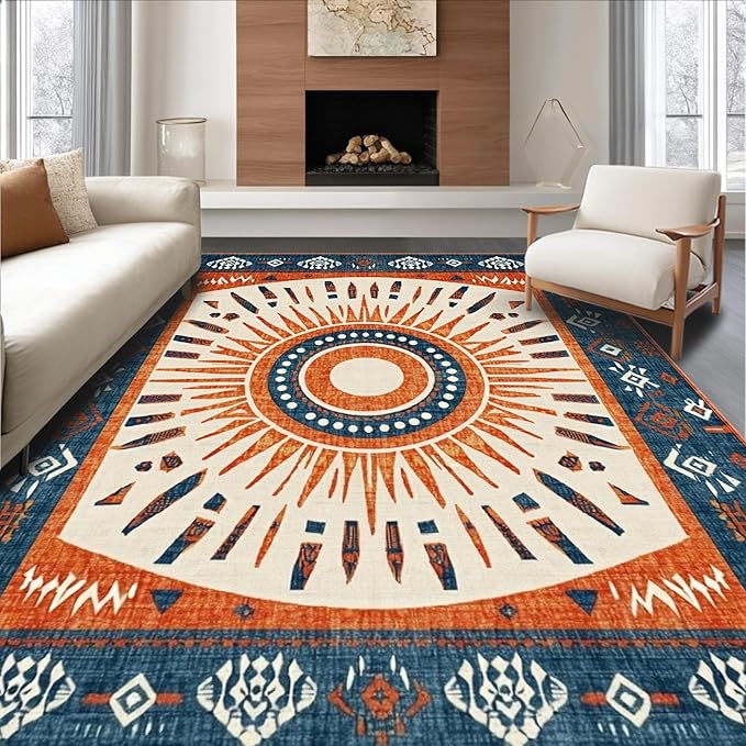 Flatwoven High Traffic Area Rug 4x6, Vintage Tribal Sunburst Motif, Non Slip, Stain Resistant, Washable Area Rugs for Living Room, Bedroom (Orange, 4x6)