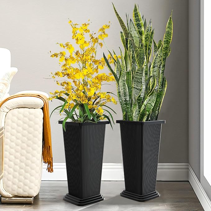 Set of 4 24" Tall Plastic Planters with Trays, Large Tapered Plant Pots for Indoor Outdoor Use, Modern Decorative Planters for Porch, Patio, Garden, and Backyard
