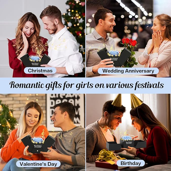 Christmas Birthday Gifts for Women - Preserved Real Rose with I Love You Heart 100-Language Necklace, LED Lights & Music Gift Box, Christmas for Women Girlfriend Mom