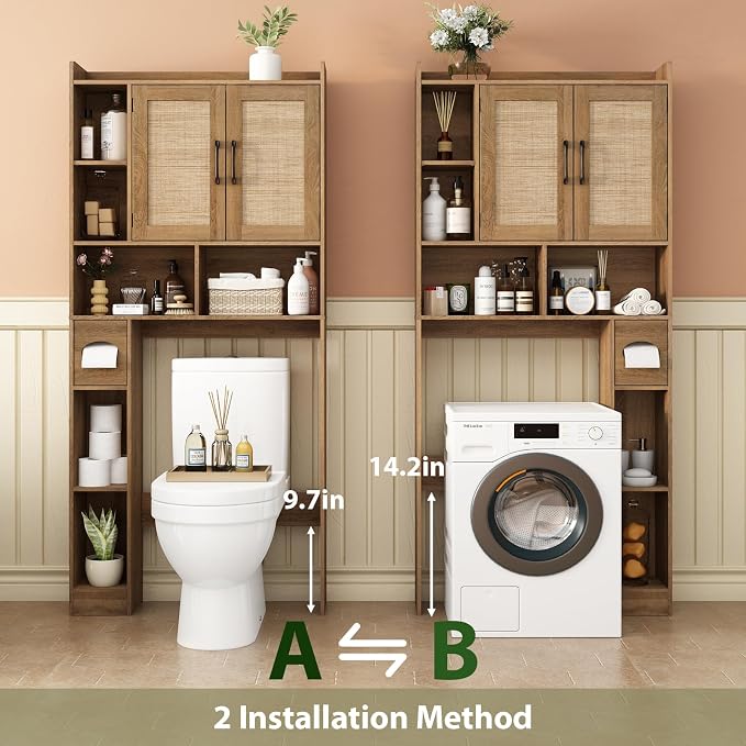 RUSTOWN Rattan Over The Toilet Storage Cabinet,Boho Over Toilet Bathroom Organizer with 2 Doors & Adjustable Shelves,Modern Above Toilet Rack with Toilet Paper Holder for Bathroom (Rustic Oak)
