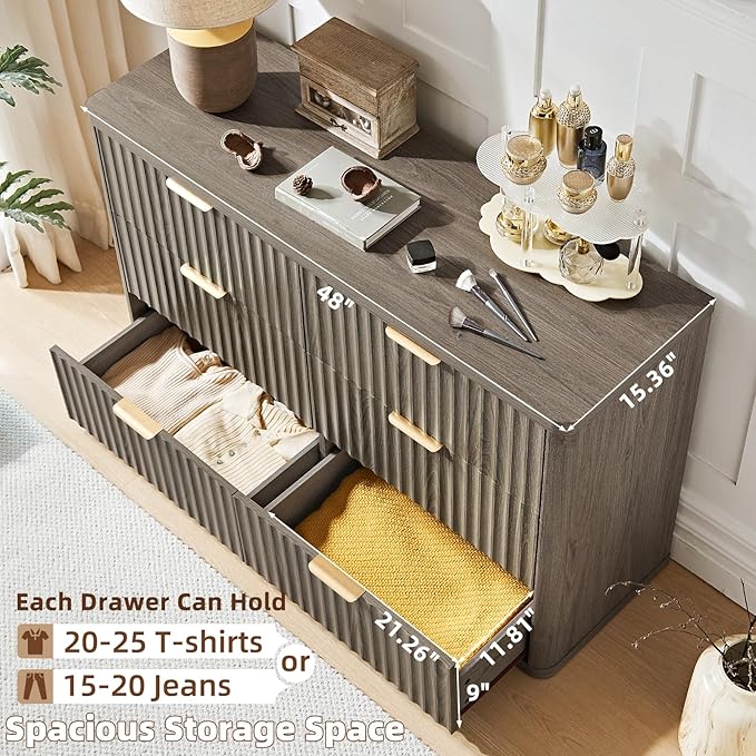 LEYAOYAO Fluted 6 Drawers Dresser Set of 2, 48" Wide Modern Chest of Drawers with Wood Grain Top, Curved Profile Design, Dresser TV Stand, Wooden Drawer Organizer for Bedroom, Living Room,Hallway,Grey