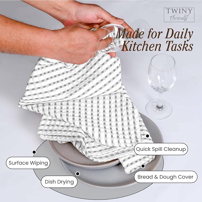 TWINY threads Waffle Kitchen Dish Towels Pack of 4, 100% Cotton 16"x26" Dishcloths Set, Soft, Durable & Highly Absorbent Waffle Weave Tea Towels for Everyday Kitchen Use, Light Grey, White
