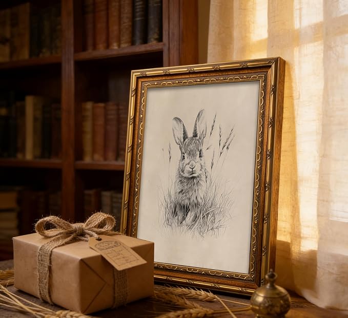 Vintage Gold Framed Easter Bunny Canvas Wall Art Vintage Rabbit Wall Decor Spring Farmhouse Animal Sketch Print Artwork Sketch Rabbit painting Picture for Farmhouse Bedroom Living Room 9X11in