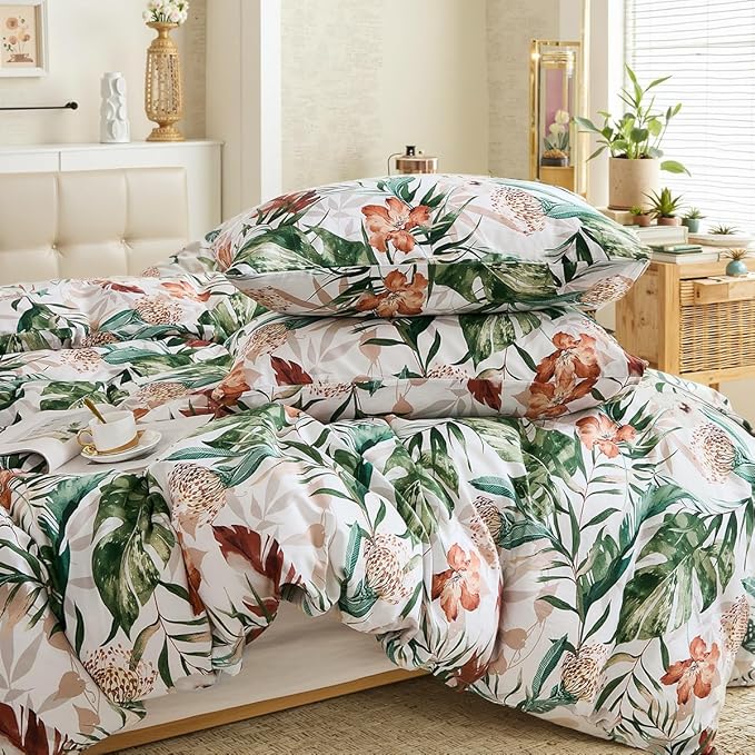 Bedding_Dreamer 100% Cotton Comforter Set Floral King Bedding Green Palm Leaf Comforter Set Botanical Home Decor 3 Pcs with 2 Pillowcases Reversible for All Season