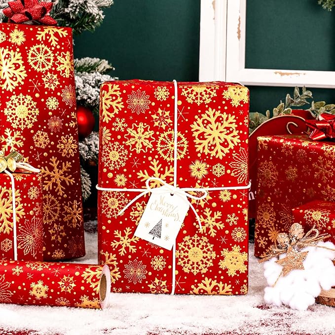 Flyhill Kraft Christmas Wrapping Paper,Gold Luxury Snowflake Metallic Gold Embossed Foil Gift Wrap Roll Design for Holiday, Party,Celebration, New Year (17 Inch X 32.8 Feet)