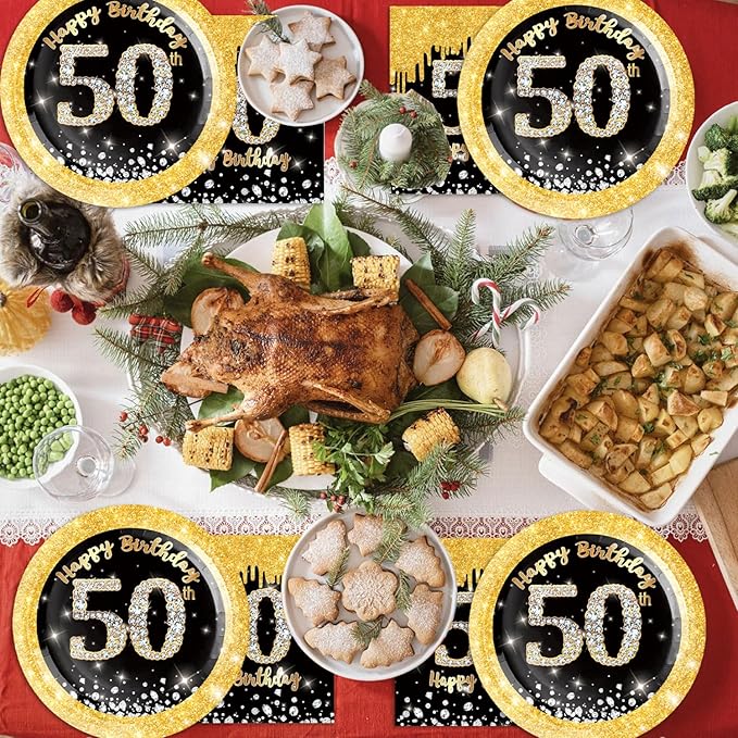 40Pcs 50th Birthday Decorations Black and Gold Cheers to 50 Years Plates and Napkins Sets Party Supplies for 20 Guests 50th Birthday Decorations Men Women