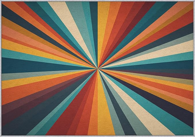 Retro Sunburst Rugs 8x10, 70s Colorful Abstract Washable 8 x 10 Area Rug for Living Room, Bedroom, Low Pile Non Slip Stain Resistant Carpet, Retro 70s Home Decor Accessories & M881