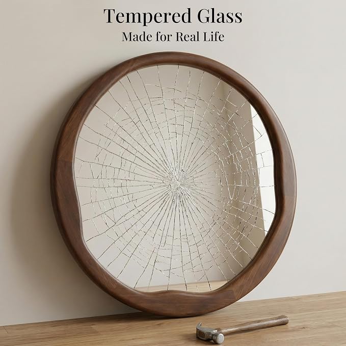 Round Dark Wood Mirror 30 Inch, Large Solid Wood Framed Wall Mirror with Asymmetrical Wavy Inner Edge for Living Room, Fireplace & Dining Room Decor