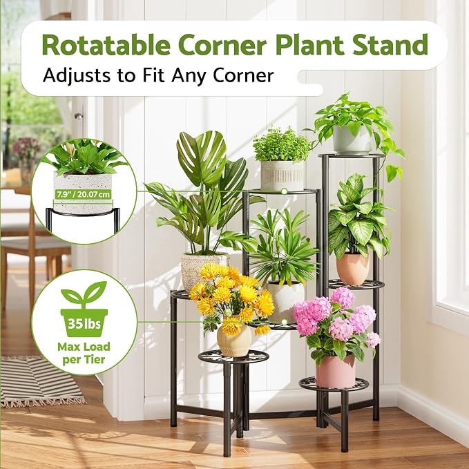 Plant Stand Outdoor,7 Tier Foldable Corner Tall Plant Shelf for Multiple Plants Flower Pot Holder Display Stand for Living Room Balcony Garden Patio -BlackS