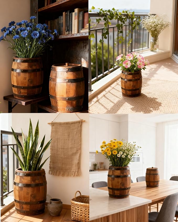 Wood Wine Barrel Vase 6" x 5" – Mini Barrel Rustic Wooden Flower Vase Planter for Wedding Reception, Party Table Decoration,Home Indoor Outdoor Garden, Kitchen,Planting-2pcs (2)