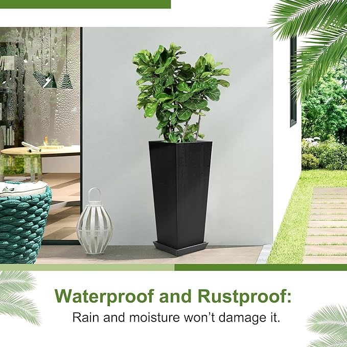 24" Tall Planters for Outdoor Plants, Set of 2 Large Outdoor Planters for Front Porch Decor with Drainage Hole, Tall Planter (Black)