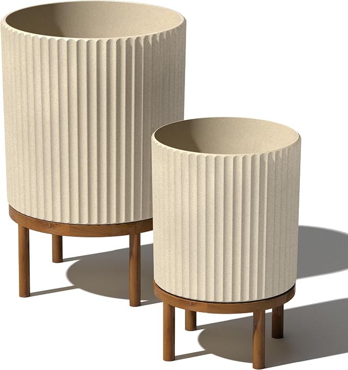 Veradek Demi Series Round Planter w/Stand for Porch/Patio | Durable Plastic-Stone Composite & Wooden Stand | Modern Décor for Tall Plants, Flowers