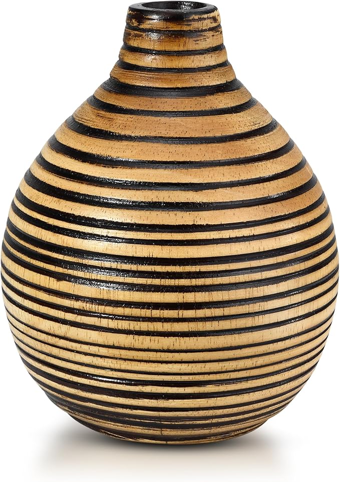 AeraVida Hand-Carved Round Black Stripes Small Brown Wooden Flower Vase | Mango Tree Wood Kitchen Decor | Handmade Vase | Handmade Home Office Table Vase