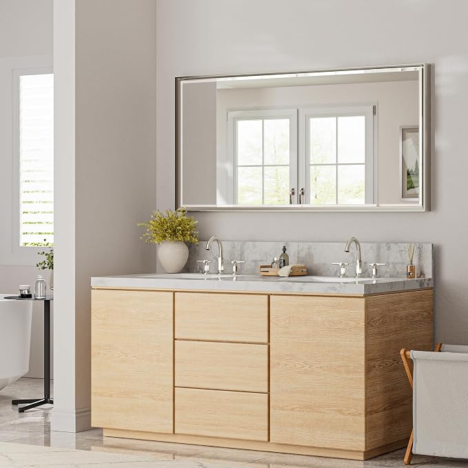 48 x 24 Brushed Nickel Bathroom Mirror, Beveled Framed Rectangle, Shatterproof Anti-Rust Vertical/Horizontal Wall-Mounted
