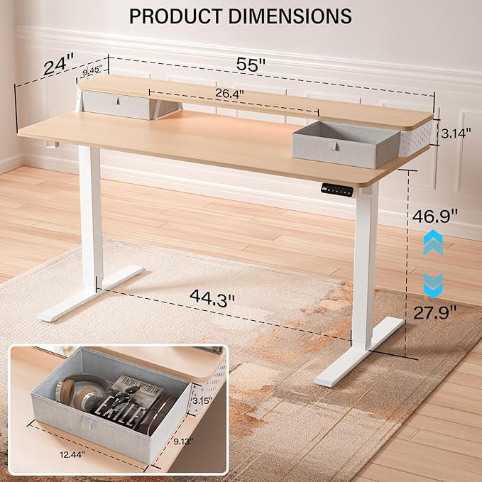 Electric Standing Desk with 2 Drawers 55''x 24'' Adjustable Height Sit to Stand Up Desk with Storage Shelf, C-Clamp Mount Compatible Home Office Desks Computer Gaming Table Ergonomic Workstation