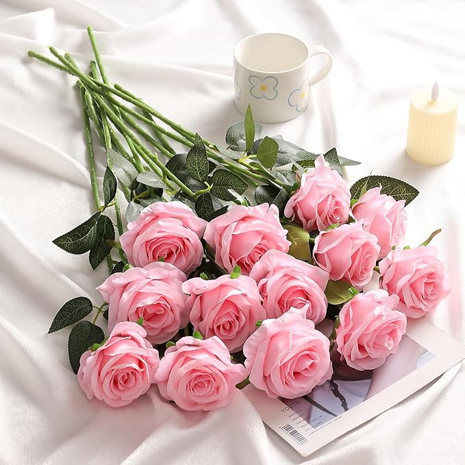 Kisflower 60 Pcs Pink Roses Artificial Flowers Bulk, Silk Roses with Stems Realistic Roses Artificial for Decoration DIY Wedding Bouquet Bridal Shower Party Home Table Centerpieces Decor (Pink)