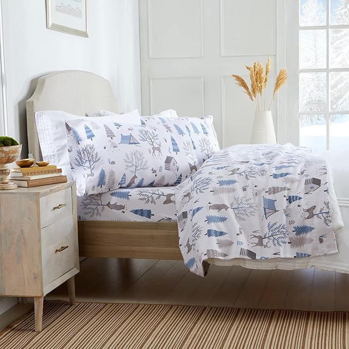 Market & Place 100% Turkish Cotton Flannel Sheet Set | 4 Piece Deep Pocket Novelty Cozy Winter Bed Sheets | Double Brushed for Extra Softness & Comfort | Alpine Collection (King, Winter Wildlife)