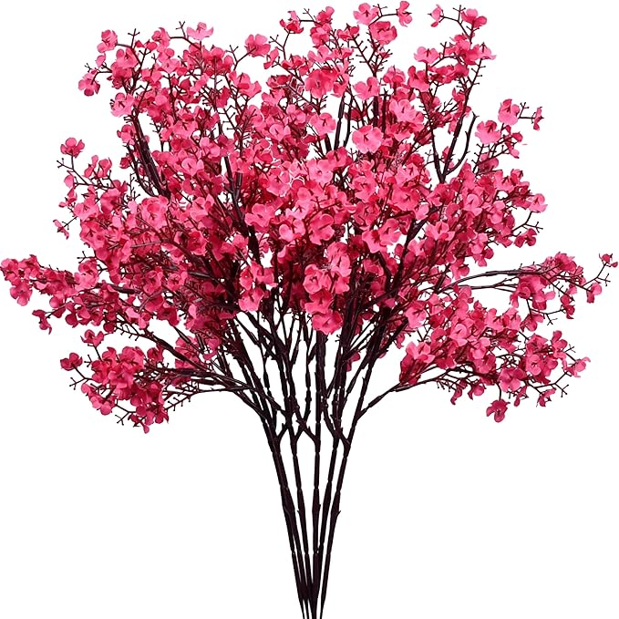 Mandy's Hot Pink Artificial Baby’s Breath European Flowers 6 Bundles Silk Gypsophila with Bendable Stems for Fall Thanksgiving & Christmas Centerpiece Wedding Decor and Table Arrangements