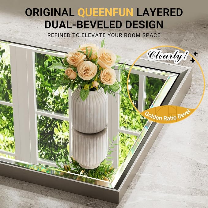 60 x 36 Brushed Nickel Bathroom Mirror, Beveled Framed Rectangle With Anti-Rust Frame, Shatterproof, Vertical/Horizontal Wall-Mounted