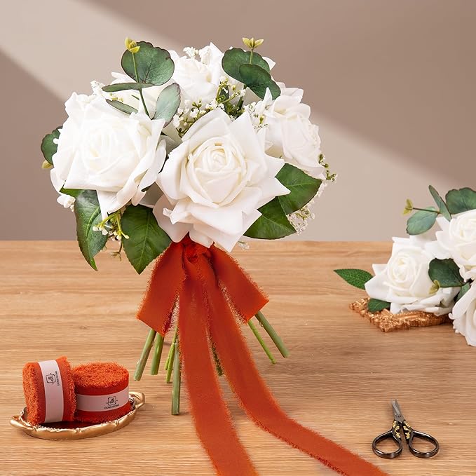 DORIS HOME Burnt Orange Chiffon Ribbon for Flower Bouquet, 1" x21Yd Fabric Ribbon for Gift Wrapping, Handmade Frayed Ribbon for Wedding Invitations/Christmas Decorations