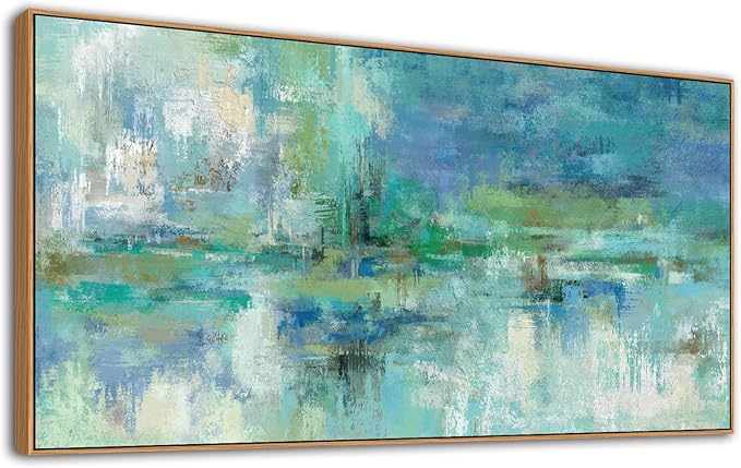 VEAEE Teal Framed Abstract Wall Art - Turquoise Green Colorful Modern Canvas Pictures, Living Room Wall Decor, Contemporary Landscape Painting Prints for Bedroom Bathroom Office Decor 20" x 40"
