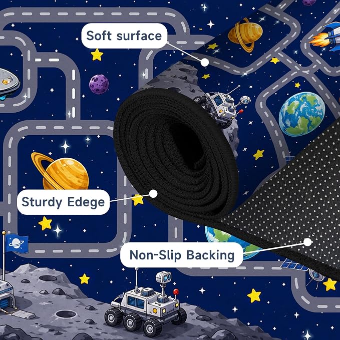 Outer Space Rug Astronaut Road Map Area Rug for Entryway Bedroom Living Room Nursery Kitchen Playroom Home Decor Washable Educational Floor Mat Galaxy Themed Carpet,3'x5'