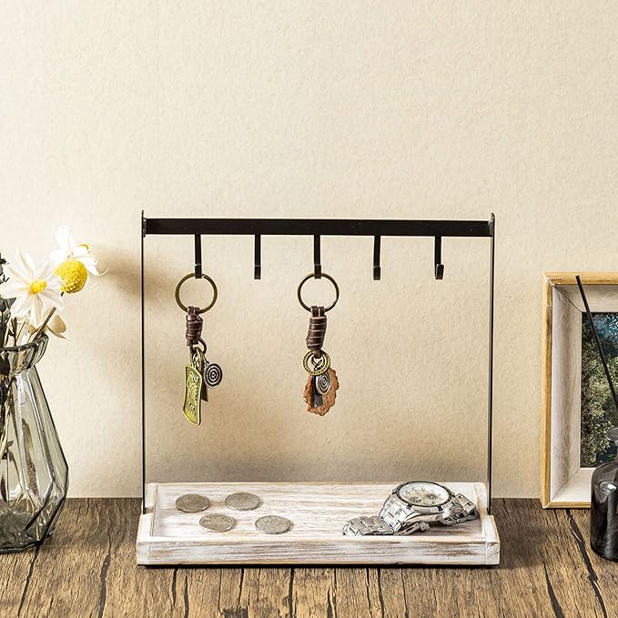 MyGift Black Metal Entryway Key Holder with 5 Hooks and Shabby Whitewashed Wood Base, Tabletop Necklace and Jewelry Organizer Rack with Ring Tray