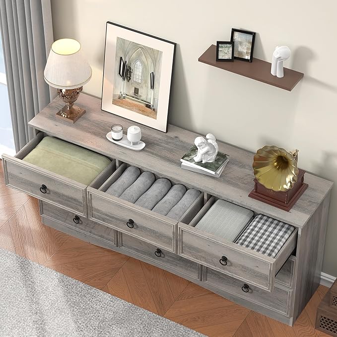 9 Drawer Dresser for Bedroom, 63'' Grey Chest of Drawers Wood, Large Storage for Clothes, Vintage Design, for Living Room, Bedroom, Hallway