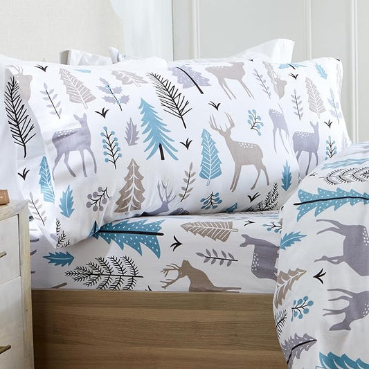 Market & Place 100% Turkish Cotton Flannel Sheet Set | 4 Piece Deep Pocket Novelty Cozy Winter Bed Sheets | Double Brushed for Extra Softness & Comfort | Alpine Collection (Full, Holiday Deer)