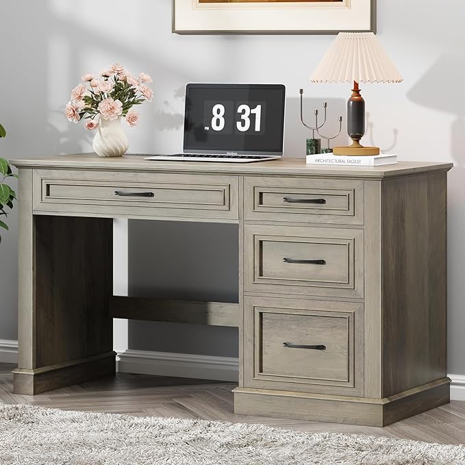 Farmhouse 47" Executive Desk, Computer Desk with Drawers and File Drawer, Workstation Computer Desk with Charging Station for Home Office,Study（Wash Grey）