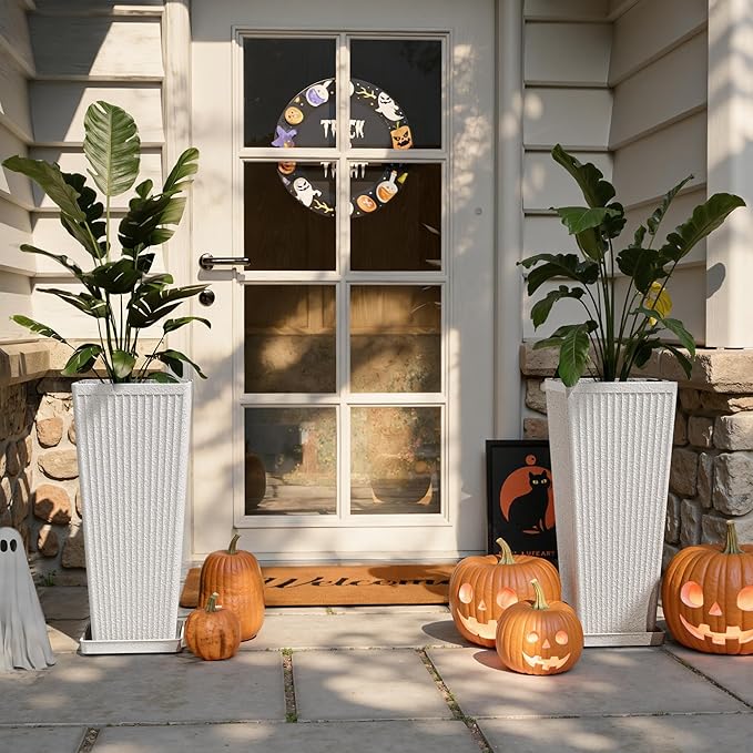 Square Tall Planters for Outdoor Plants Set of 2-23.6" Heavy-Duty Classic Tapered Indoor Flower Pots with Drainage Holes/Partition/Tray, Large Outdoor Planters for Porch Patio Garden, White