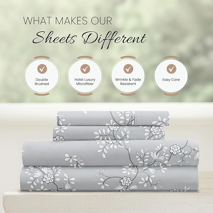 Linen Market Double-Brushed Patterned Microfiber California King Sheet Set 4 Piece – Oeko-TEX Certified Ultra Soft & Wrinkle-Free - 16" Deep Pocket Sheets Easy Care Cal-King Size - Trellis Vine Gray