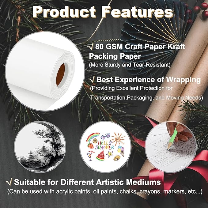 PATIKIL Wrapping Paper, 12"x600"(50') Bulletin Board Paper Roll Kraft Paper Roll Construction 80GSM for Shipping Packing Gift Wrapping Craft Flower Bouquet Christmas, White