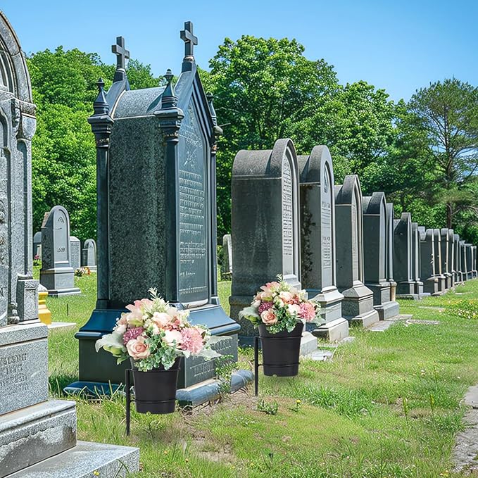 Large Metal Cemetery Vases Flower Holder with Spikes Memorial vases for Grave Vase Decorations for Cemetery Vase Flower Holder for Memorial Grave Lawn Yard Funeral Decor with Freely DIY, 5.4''Diameter