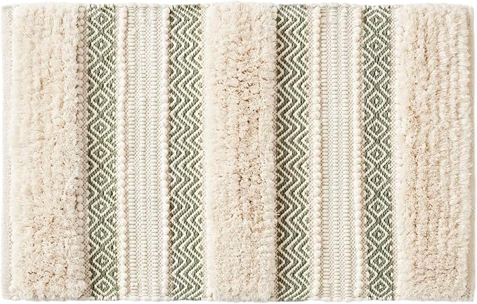 Ink+Ivy Bath Rug Hand-Woven Texture Shaggy Striped Soft & Water Absorbent, Boho Bathroom Décor Bath-Mats, Non-Slip Absorbent Quick Dry Mats for Tub, Shower Room, Asher, 20x32, Sage Green 1 Piece