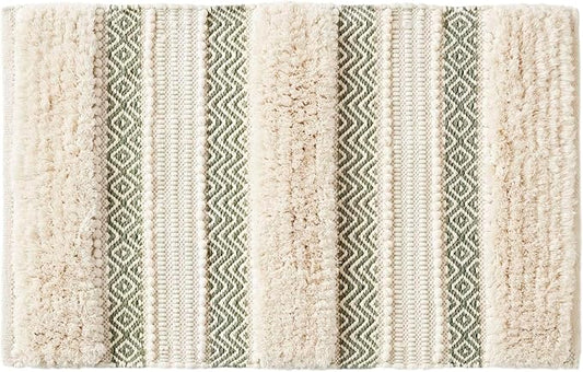 Ink+Ivy Bath Rug Hand-Woven Texture Shaggy Striped Soft & Water Absorbent, Boho Bathroom Décor Bath-Mats, Non-Slip Absorbent Quick Dry Mats for Tub, Shower Room, Asher, 20x32, Sage Green 1 Piece