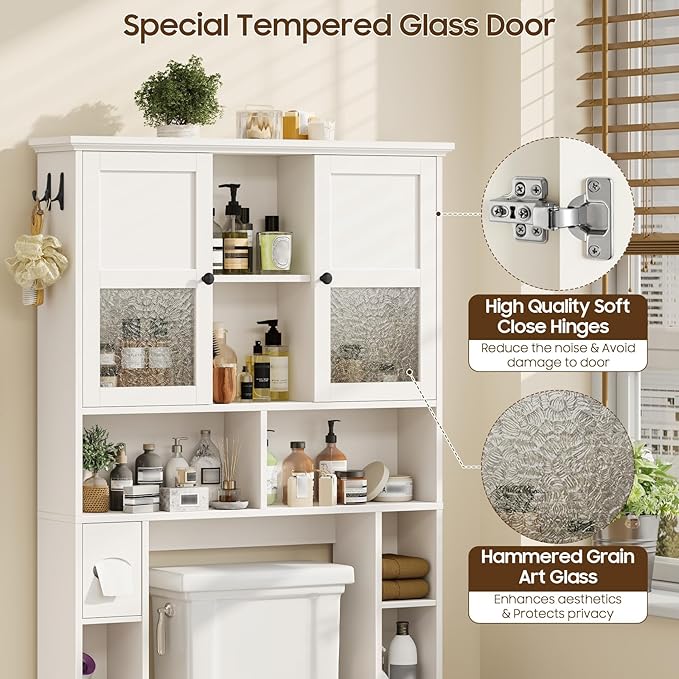 Over The Toilet Storage Cabinet, Bathroom Shelf Over Toilet with Hammered Grain Glass Doors and Adjustable Shelves, Freestanding Home Space Save Toilet Rack for Restroom, Bathroom, Laundry (White)