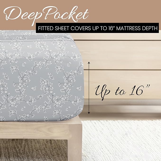 Linen Market Double-Brushed Patterned Microfiber California King Sheet Set 4 Piece – Oeko-TEX Certified Ultra Soft & Wrinkle-Free - 16" Deep Pocket Sheets Easy Care Cal-King Size - Trellis Vine Gray