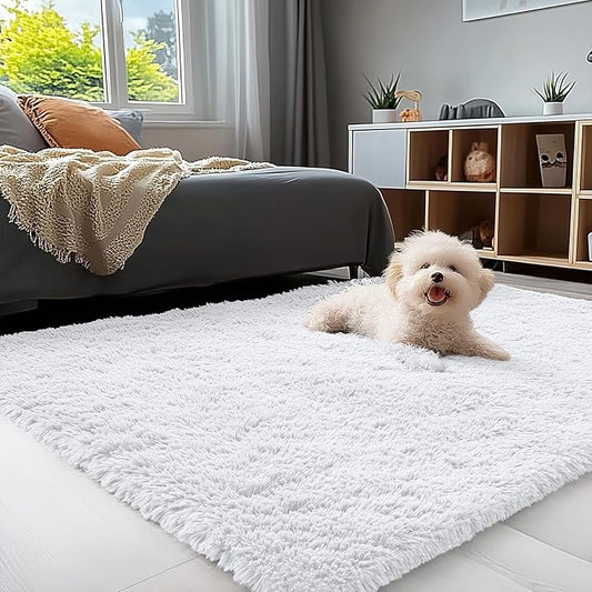 OLANLY 4x4 Machine Washable Accent Rug, Soft Fluffy Shaggy Area Rug for Bedroom, Living Room, Indoor Floor Carpet for Kids, Nursery, Home Decor, White