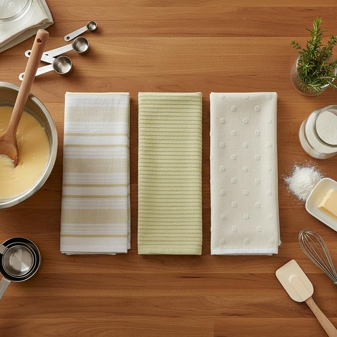 Yellow White Kitchen Hand Dish Towels: Oversized 28" x 16",100% Cotton Cloth Soft Cleaning Drying Absorbent Striped Solid Polka Dot Design, Set of 3 Multipurpose for Everyday Use (Yellow Austin)