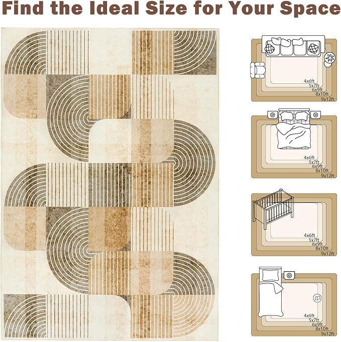 Area Rugs 9x12 Living Room-Washable Modern Geometric Neutral Beige Rug for Bedroom, Non-Slip Indoor Floor Abstract Carpet for Dining Room Nursery Office Home Decor