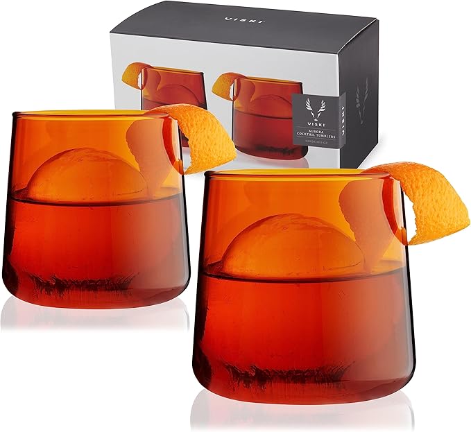 Viski Aurora Wine Glasses, Elegant Amber Colored Cocktail Tumblers, Stylish Glassware for Red and White Wines, Perfect for Hosting, Housewarming, Birthday, Home Bar Accessories, 10.5 oz, Set of 2