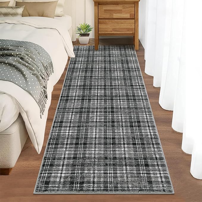 Tartan Plaid Washable Runner Rug 2.5x12 Non Slip Kitchen Rugs Modern Indoor Entryway Rug Soft Bath Mat Stain Resistant Carpet for Bedroom Hallway Laundry Black